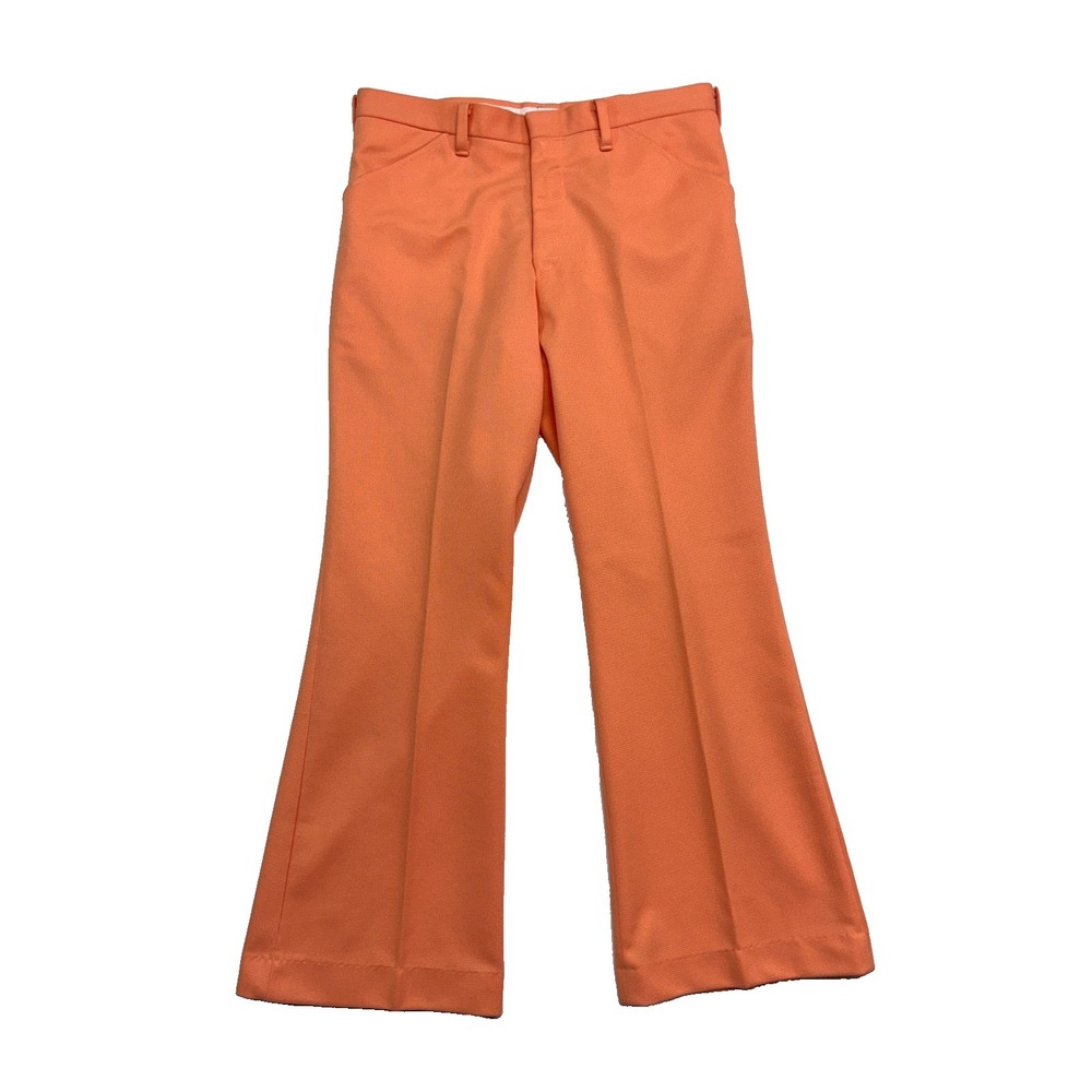 vtg 70s Peach Disco Flare Pants 32x28 Knit Polyester Bellbottom‎ Retro Trouser